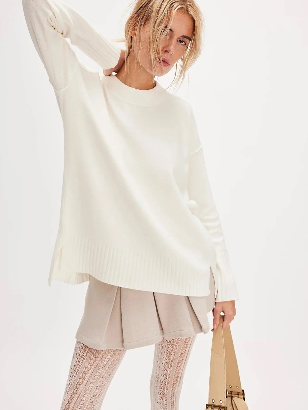 Free People Stark White Oversized Knit Sweater Dress L NWT
